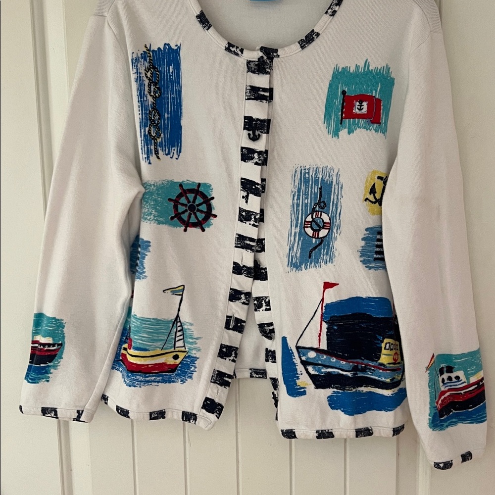 Vintage Sportelle White Cotton Cardigan with Nautical Theme Boats Size M